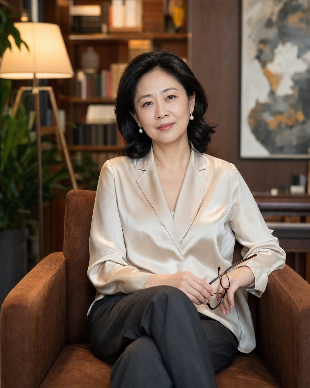 成熟女性优雅肖像：珍珠、针织或西装元素，突出知性、从容和高级感。