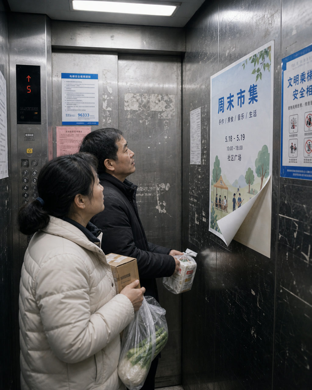 电梯广告翘起的一角案例图，老小区电梯里，一张无品牌活动海报角落翘起，居民手里拿菜和快递袋，冷白灯下的真实墙面划痕。