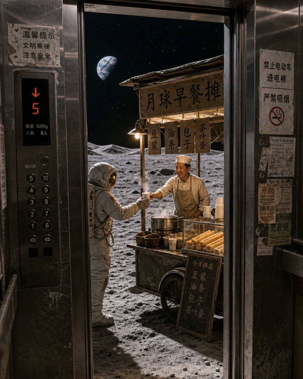 电梯门后的月球早餐摊案例图，老小区电梯门打开，里面不是楼道而是月球表面早餐摊，摊主卖豆浆油条，冷月光和暖摊灯对比。