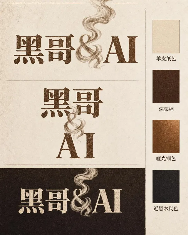 Brand identity sheet for Ember & Roast coffee showing a weathered serif wordmark in warm brown on cream, with stacked lockup and four brand color swatches.