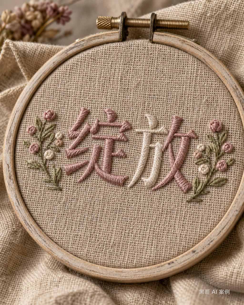 单词 BLOOM 以缎面绣刺绣于桦木绷圈亚麻布上，玫瑰灰与鼠尾草绿丝线配法式结花装饰