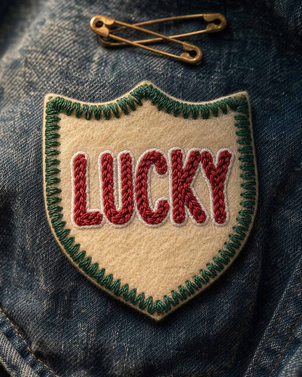 奶油毛毡上樱桃红刺绣 LUCKY 徽章，别在褪色牛仔布上