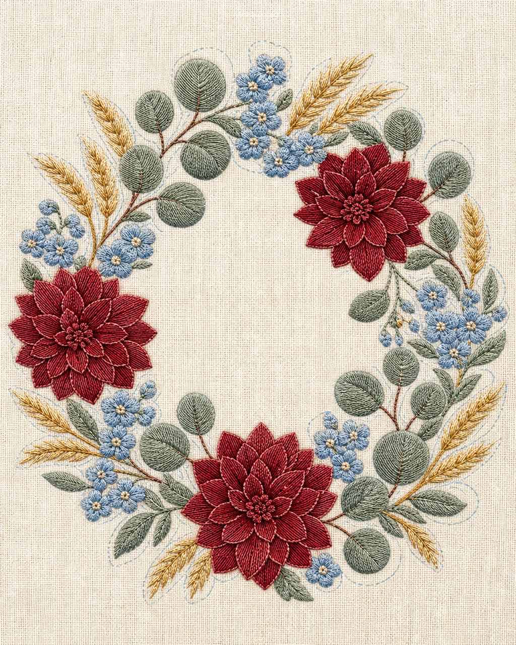 圆形植物花环扁平插画，模拟亚麻布手工刺绣风格，含大丽花、勿忘我、桉树枝和麦穗。