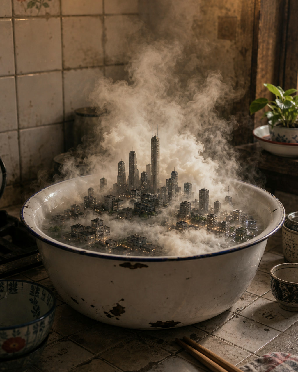 搪瓷盆里的微型城市案例图，外婆家厨房的白色搪瓷盆里升起一座微型城市，水汽像云，旁边有旧瓷砖、木筷和暖灯，怀旧又奇幻。
