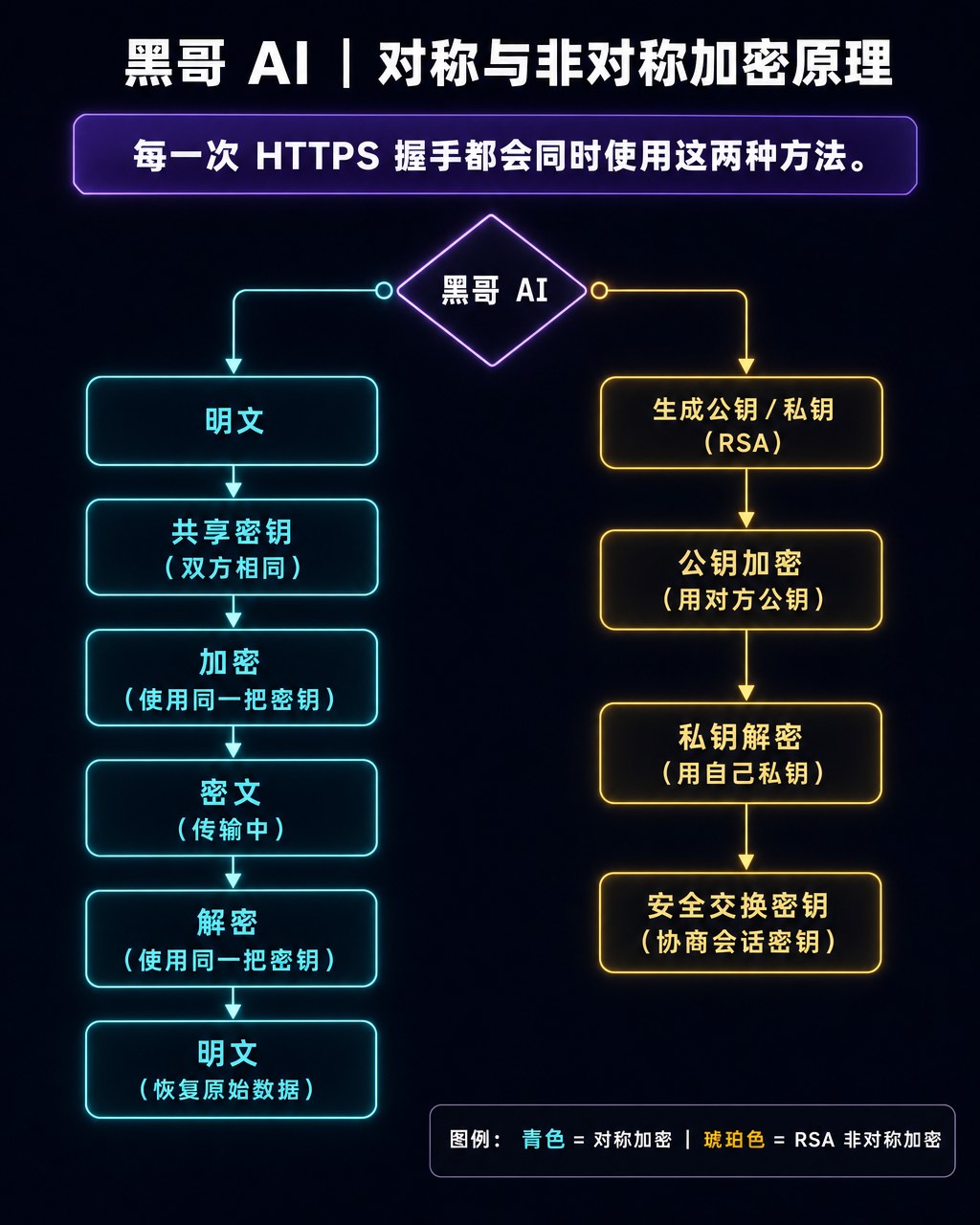 深色模式双轨流程图，青色与琥珀色节点对比展示 AES 对称加密与 RSA 非对称加密。