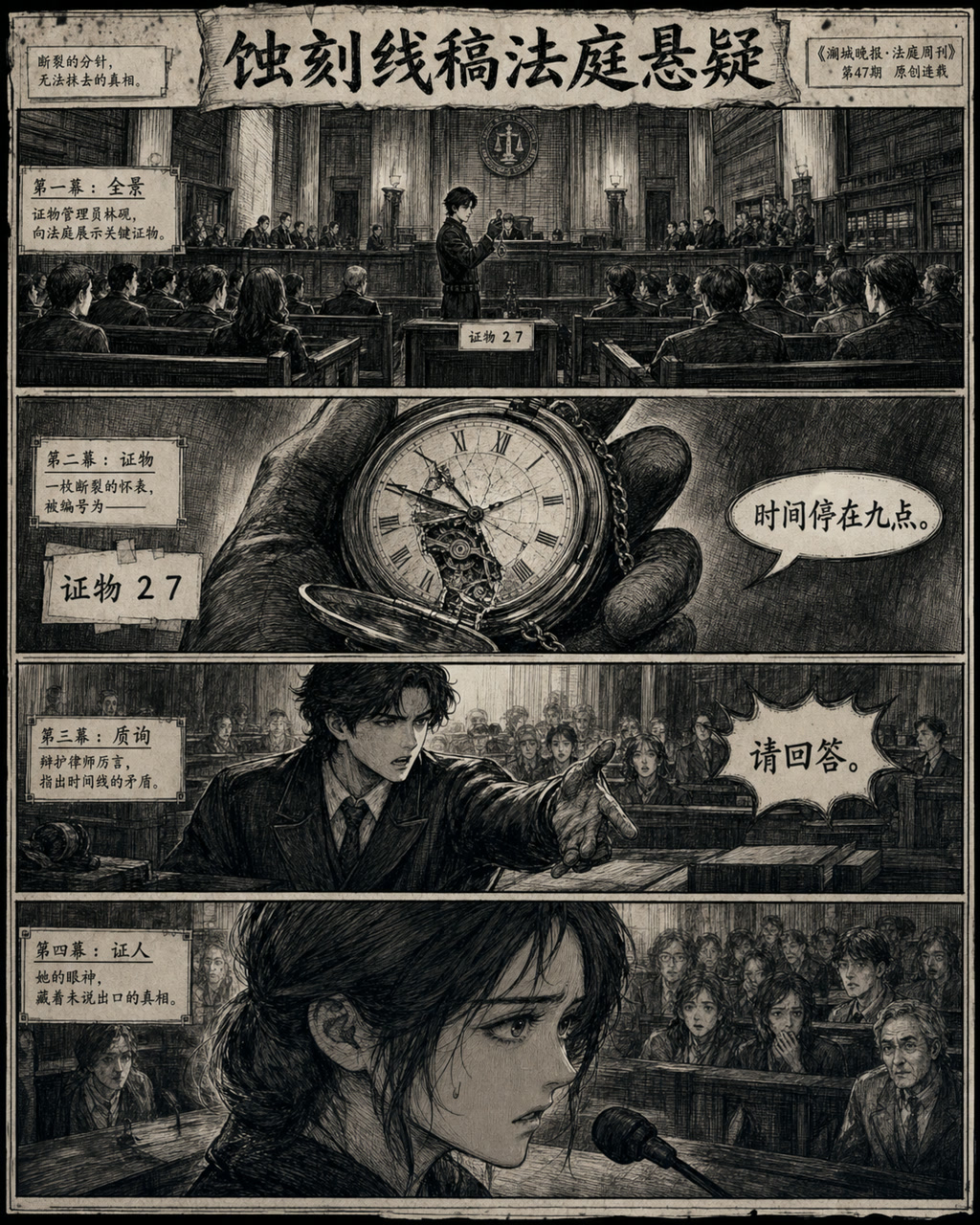 蚀刻线稿法庭悬疑，原创漫画风格样本，包含清晰漫画版式、角色动作和可见中文标题。