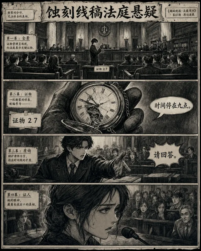 Engraving Lineart Courtroom Mystery, an original comic style sample with visible layout, character action, and readable lettering.