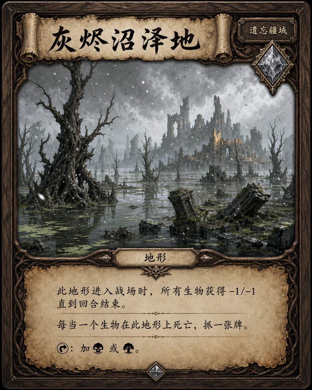 深棕木纹边框 TCG 地形卡，水墨沼泽地全景，沼泽类型图标，锡灰色稀有度宝石，泛黄纸张技能文本框。