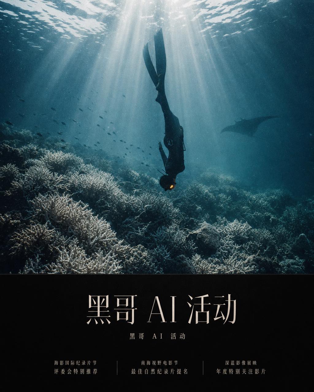 电影感纪录片海报：自由潜水员穿越神光下潜白化珊瑚礁，标题 "WHAT THE REEF REMEMBERS"。