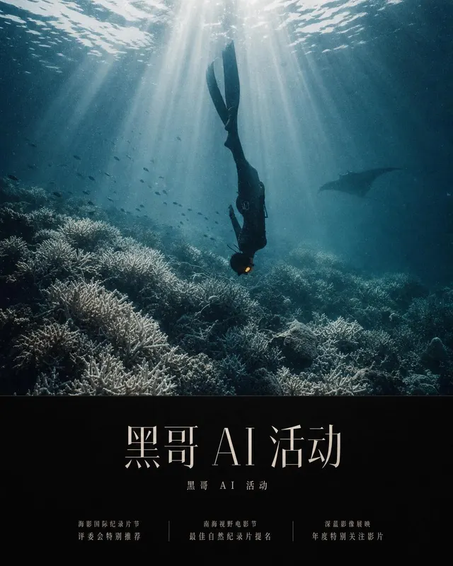 电影感纪录片海报:自由潜水员穿越神光下潜白化珊瑚礁,标题 "WHAT THE REEF REMEMBERS"。