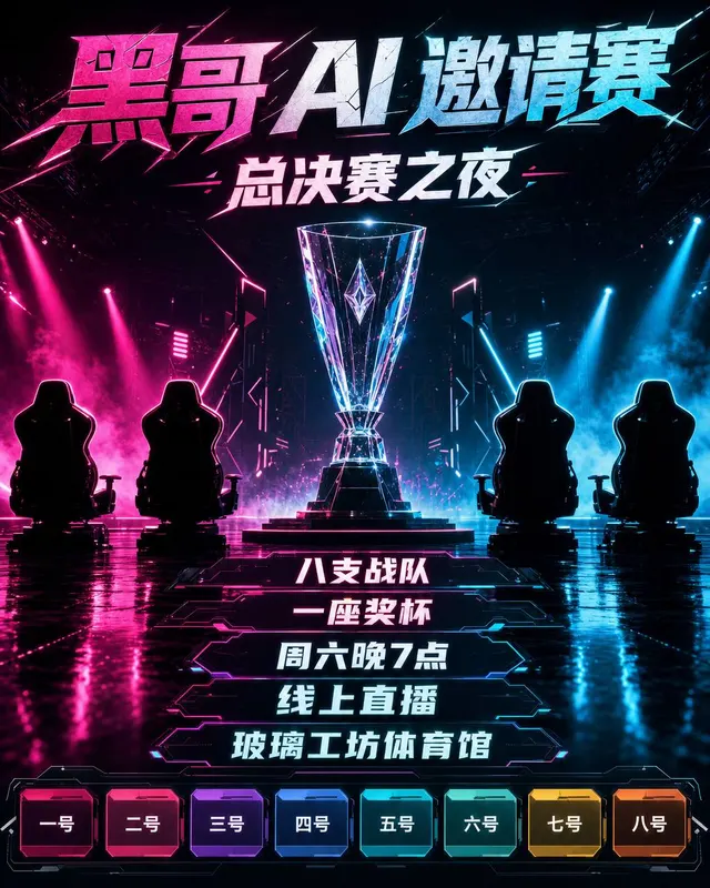 电竞决赛海报,黑暗舞台上青品红灯光、玻璃奖杯,标题 GRAND FINALS NIGHT OF GIANTS。
