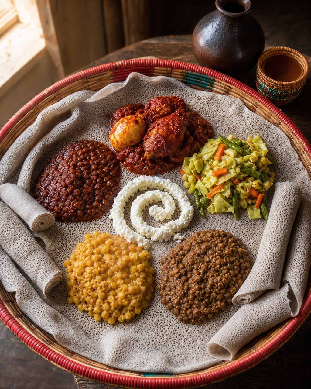 Overhead Ethiopian communal meal on injera-covered woven table, colorful mounds of doro wat, misir, gomen, and ayib cheese.
