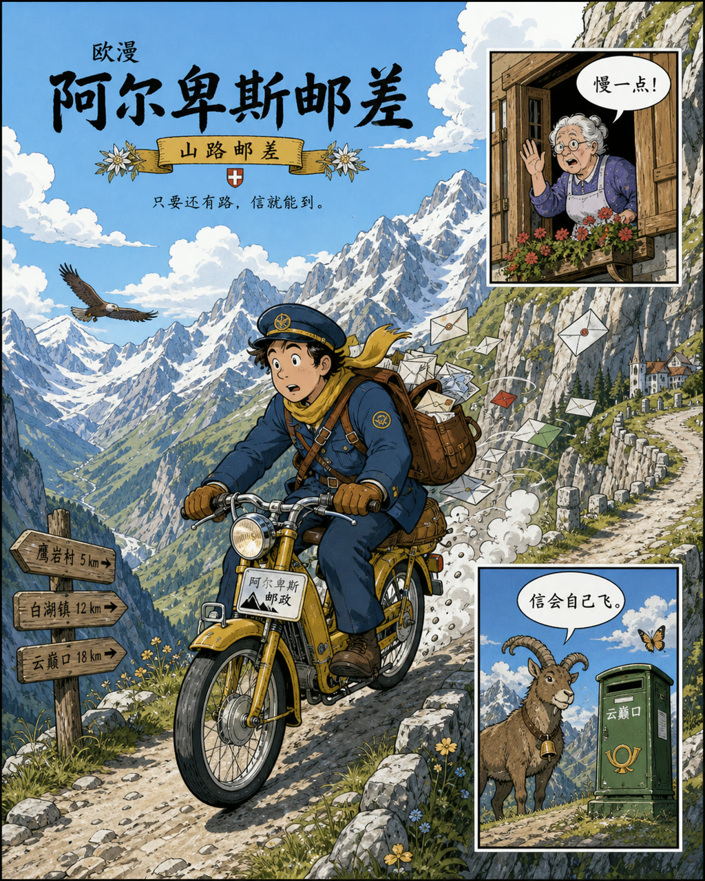 欧漫阿尔卑斯邮差，原创漫画风格样本，包含清晰漫画版式、角色动作和可见中文标题。