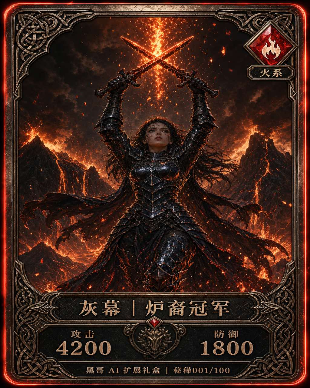 深青铜卡框的 SECRET RARE 卡，黑曜石甲女战士立于火山口，深红光边，金色数值栏