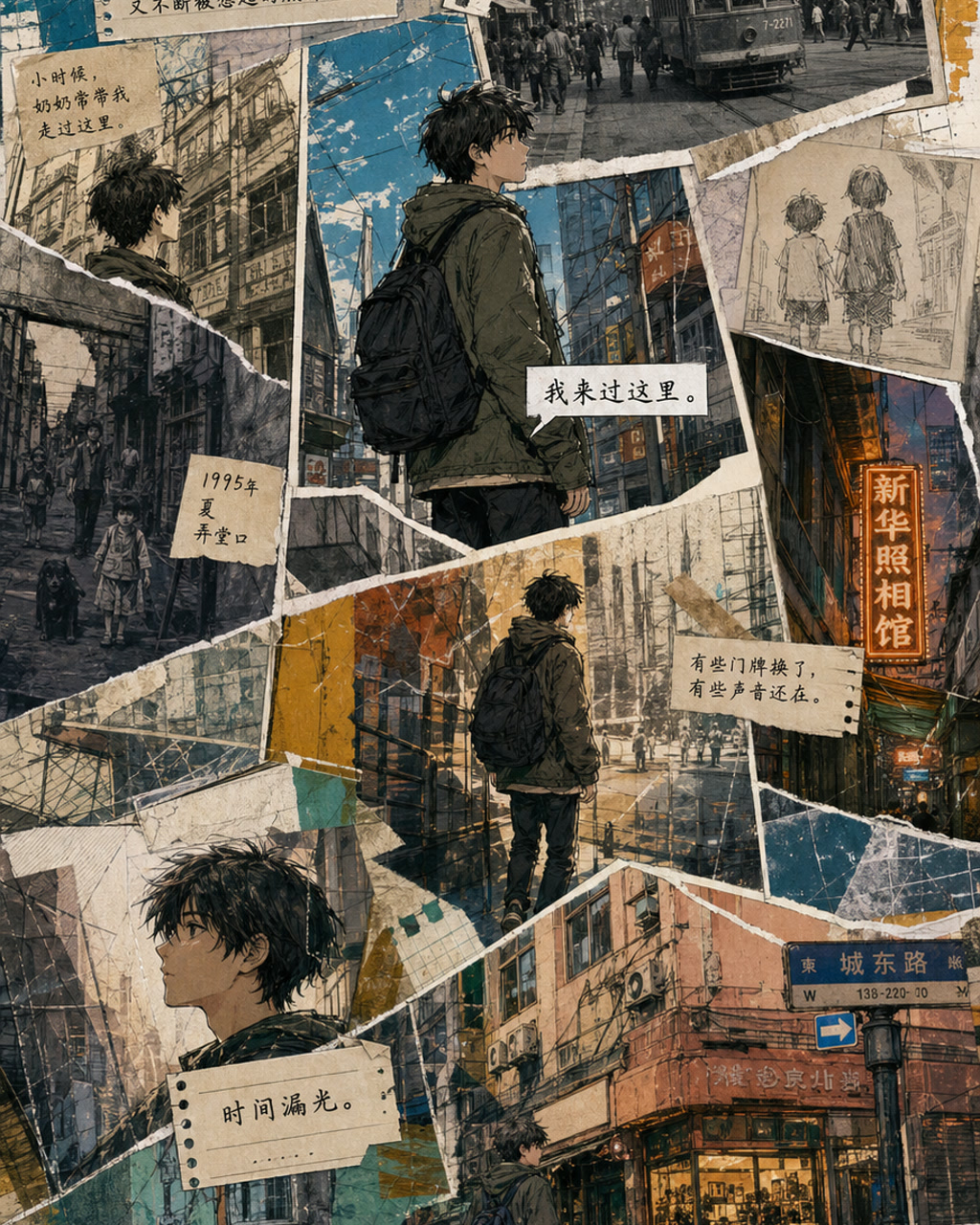 实验漫画城市记忆拼贴，原创漫画风格样本，包含清晰漫画版式、角色动作和可见中文标题。