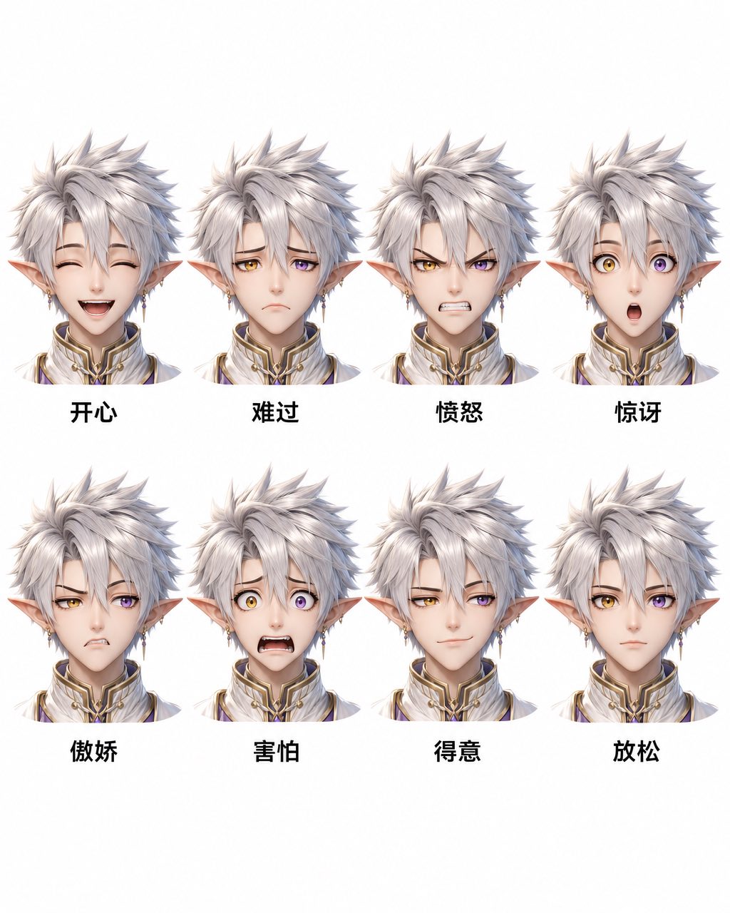 银色刺猬发异色瞳 anime 3D 男性角色八表情参考页，两行四列从开心到中立。