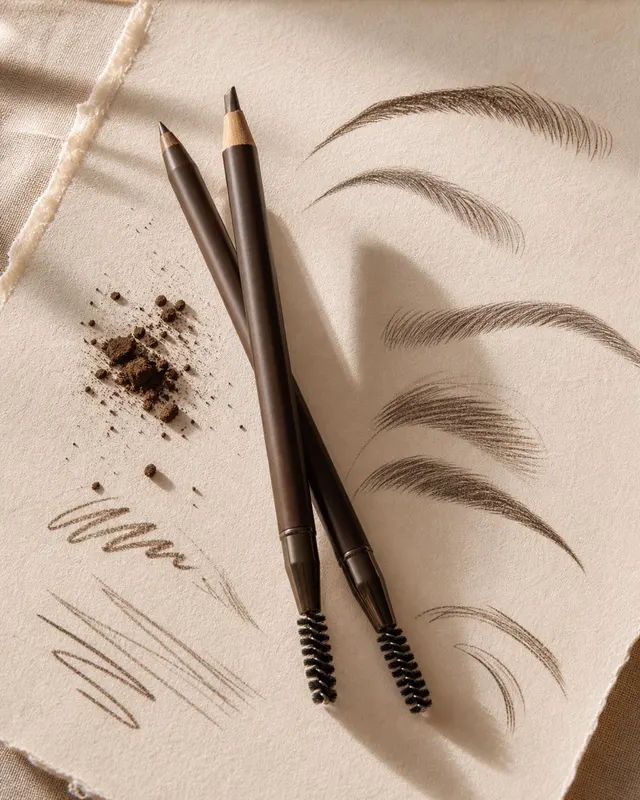 Champagne retractable eyebrow pencil propped on watercolour paper with feathery taupe brow strokes drawn beneath it, warm desk lamp light.