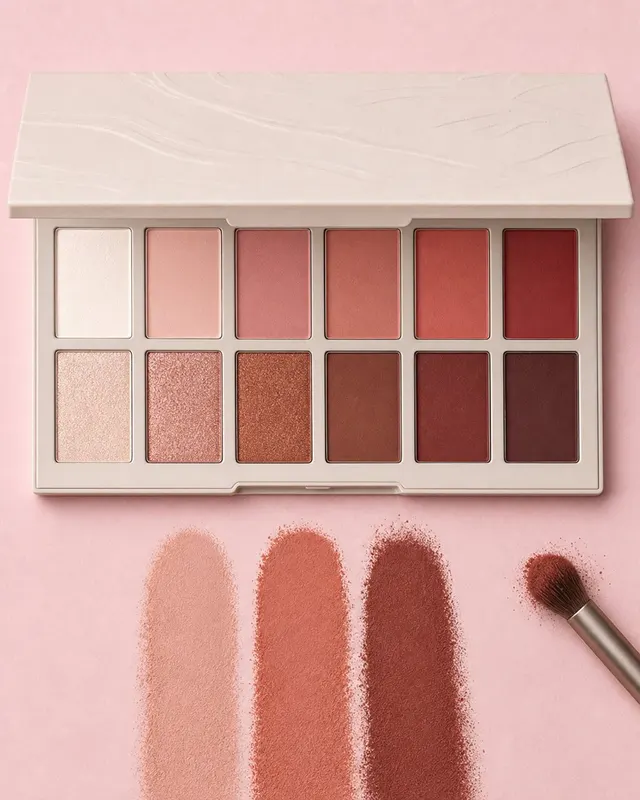 Open 12-pan eyeshadow palette with warm autumn shades on a pale pink surface, diagonal brush with terracotta powder and three gradient swatches.