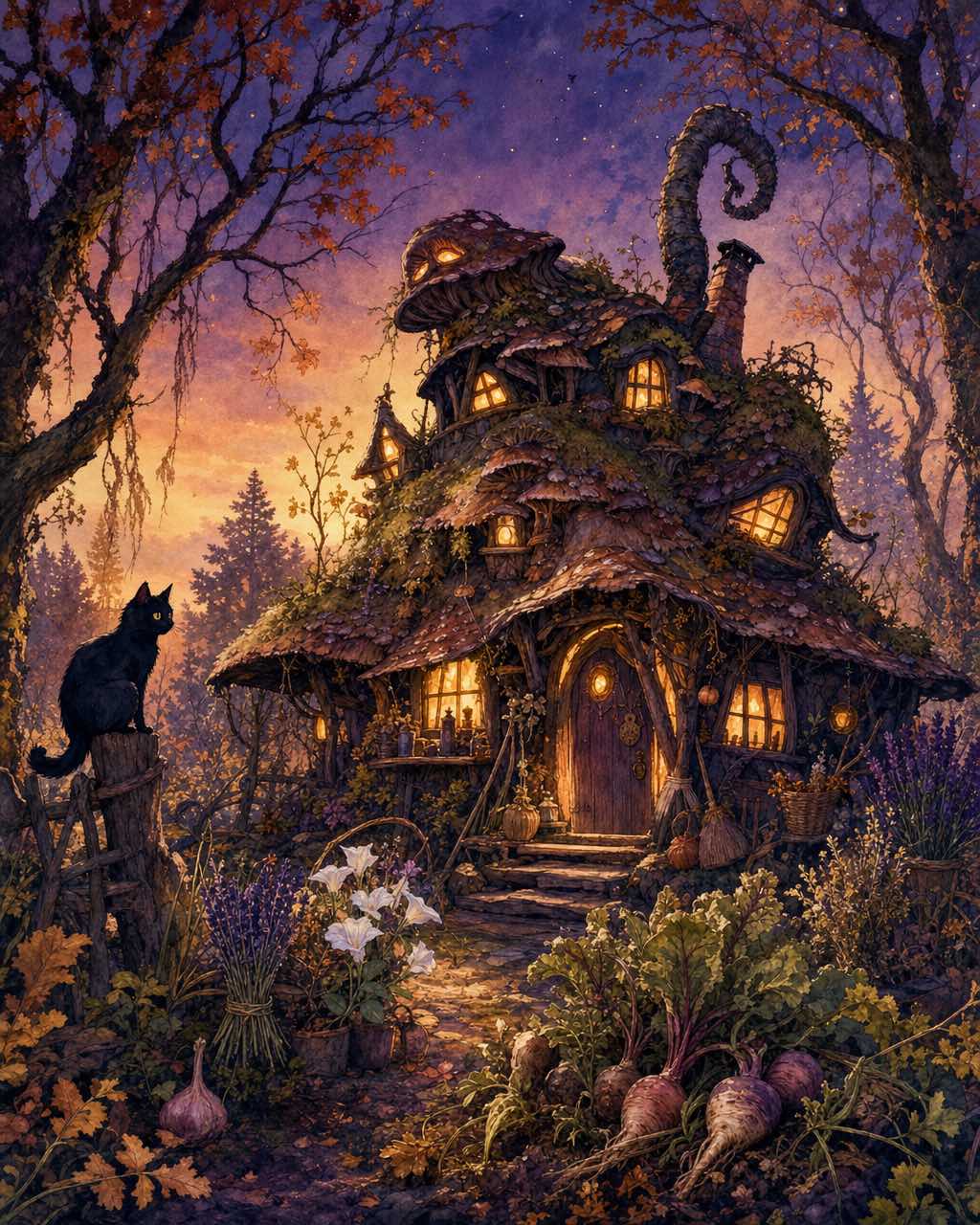 数字水彩童话插图：歪曲女巫小屋，琥珀窗光，草药园，焦橙秋林，篱笆柱上黑猫，黄昏紫蓝天空。