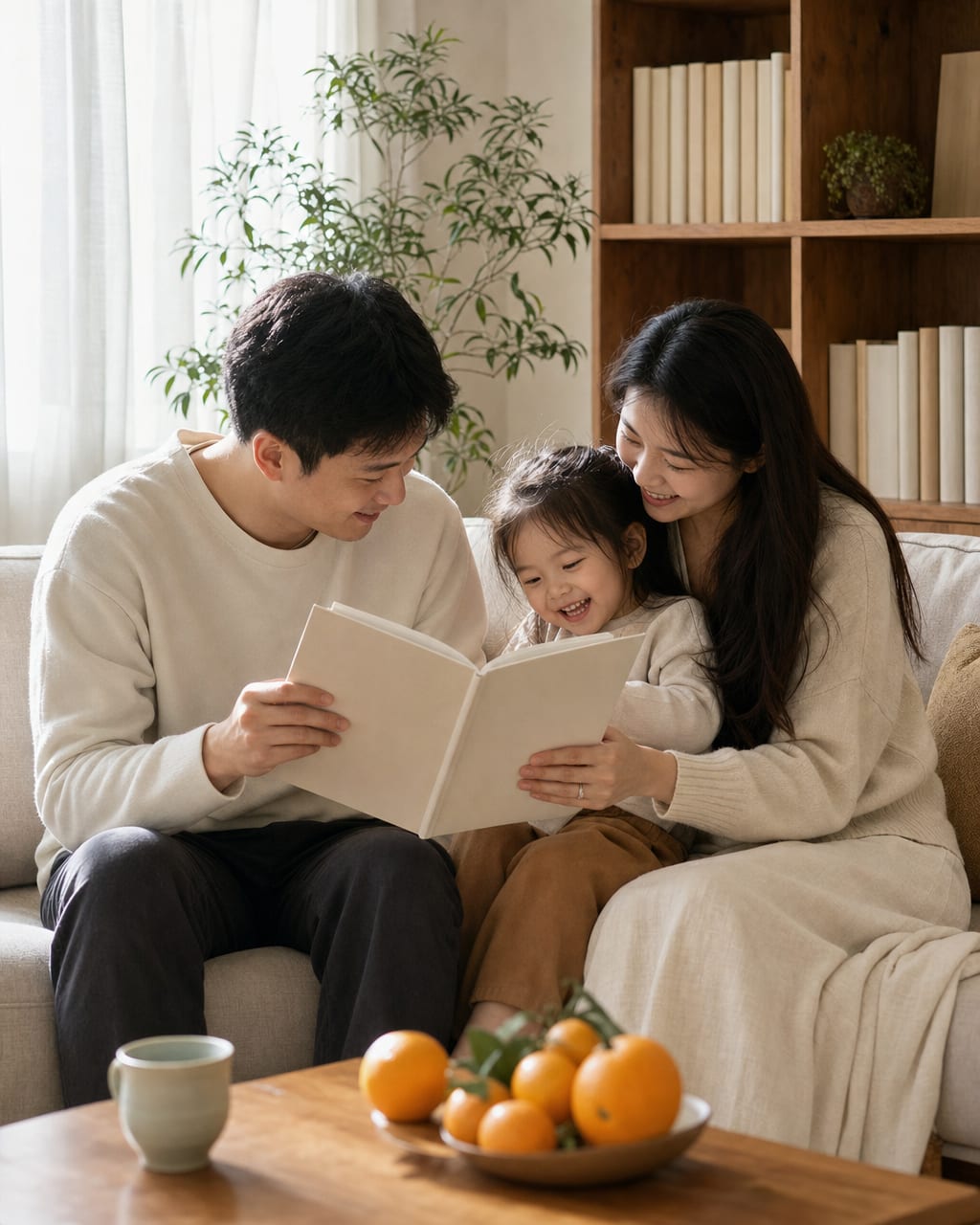 沙发家庭生活人像：一家三口挤在客厅沙发上，孩子坐在中间，父母自然靠近孩子，真实家庭客厅，软毯、抱枕和窗边植物构成温暖背景。