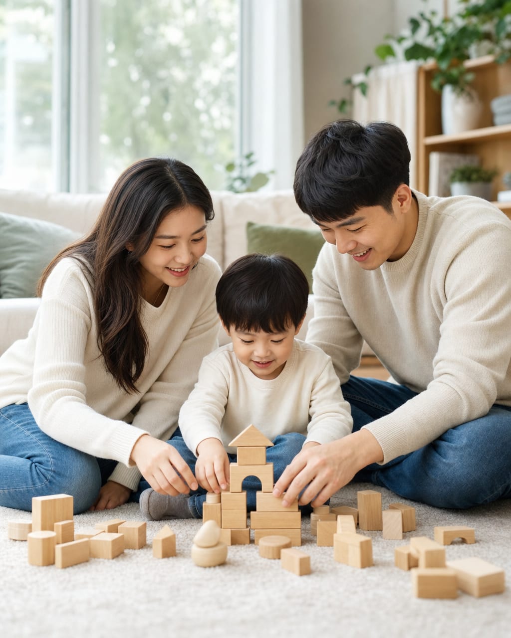 家庭三口写真：父母与孩子自然互动，柔和色调突出家庭温暖。
