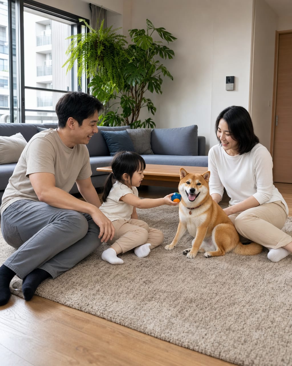 宠物家庭合照：家人与宠物自然同框，突出生活感和亲密氛围。