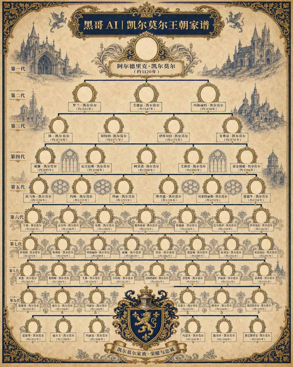 Ornate vellum family-tree broadside of the House of Caelmore with nine generations, heraldic cartouches, and gold-leaf accents