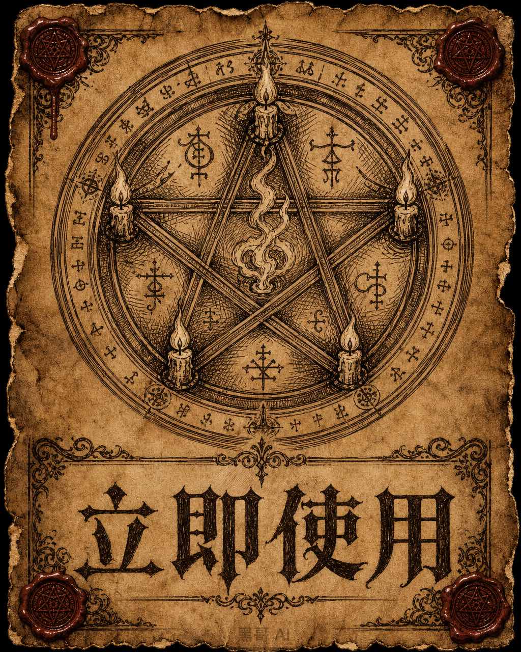 棕褐色羊皮纸风格交换卡，中世纪水墨召唤阵，哥特黑字体咒语文本，深红蜡封四角，手撕边缘