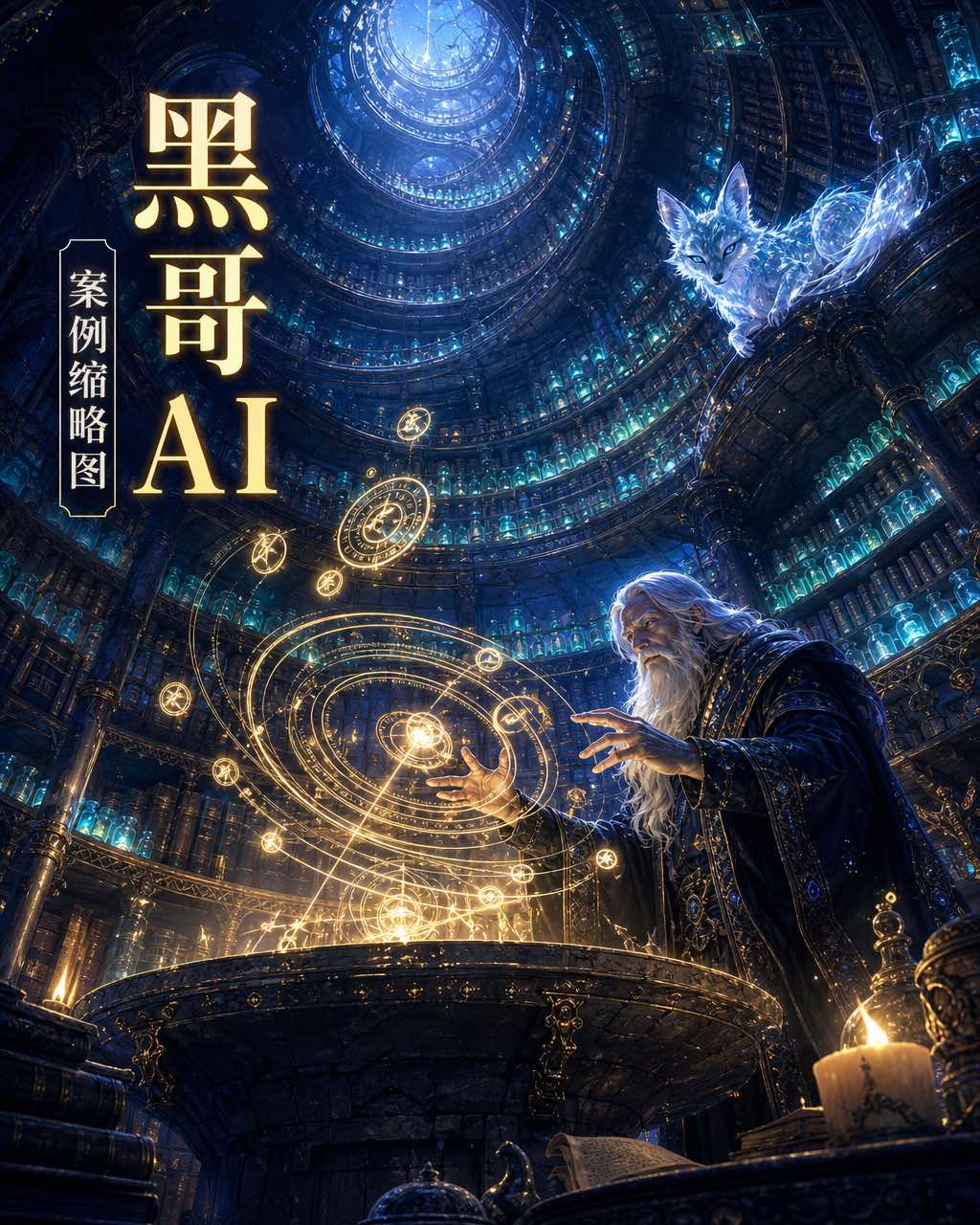数码绘画动漫仰拍魔法塔中空，生物发光书架螺旋向上，大魔法师控制金色魔法图阵，书架上水晶狐狸。