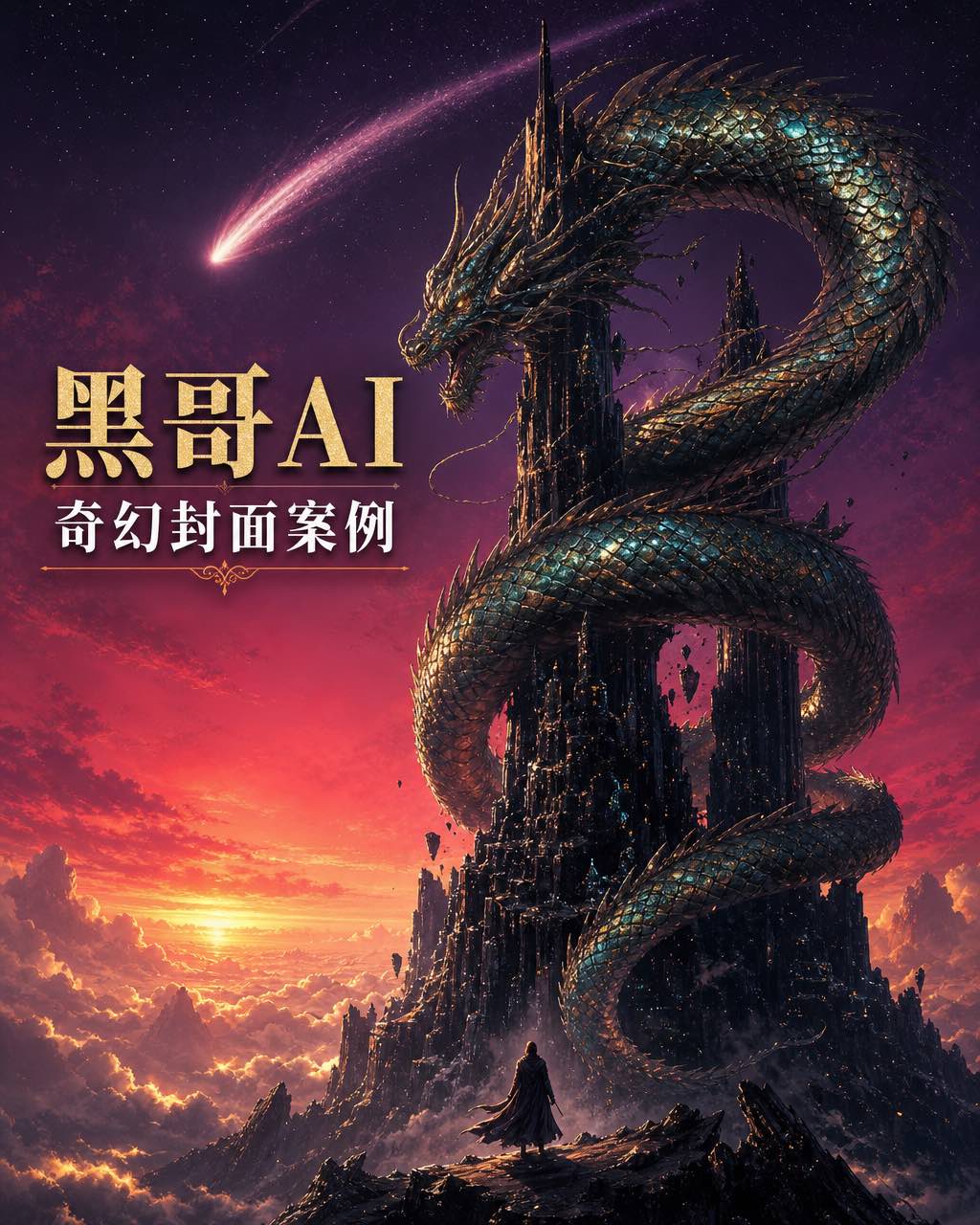 奇幻封面插画：铜绿虹彩巨龙盘绕黑曜石塔，黄昏天空，塔脚渺小人影。