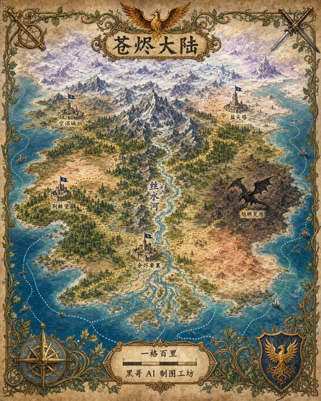 绘画风奇幻大陆地图 Vaelorin：山脉、森林、四座首都、巨龙图标和华丽边框。