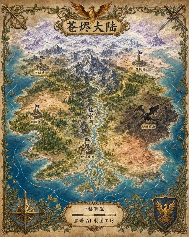 Painted fantasy continent map titled Vaelorin with mountains, forests, four capital cities, a dragon icon, and ornate border.