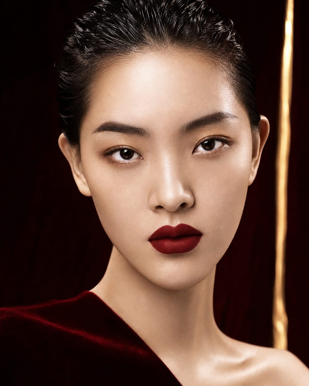 红唇时尚美妆特写：一位模特的高定美妆近景，干净底妆、利落眼线和饱和红唇，纯白到浅灰渐变背景，画面只保留脸部、颈部和一点肩线。