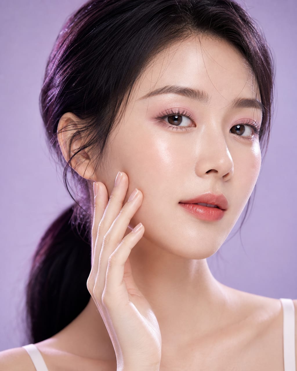 女性美妆广告肖像：干净肤质、产品色彩呼应，适合口红、护肤和彩妆视觉。