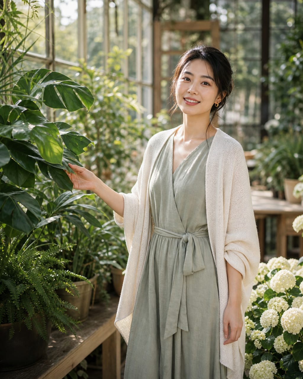 女性花园环境肖像：花园、自然光和柔和色彩，呈现轻盈、浪漫与生命力。
