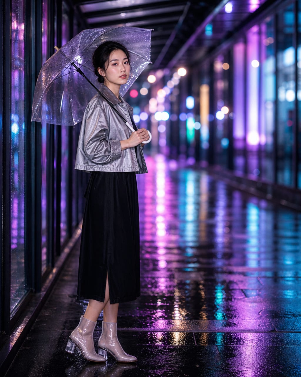 女性夜景霓虹写真：霓虹反光、都市街头和浅景深，呈现时髦电影感。