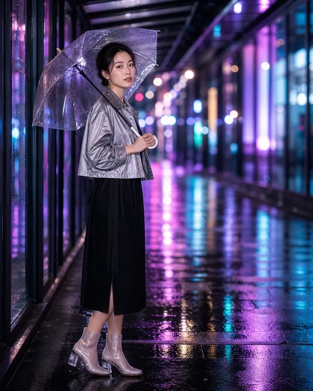 女性夜景霓虹写真:霓虹反光、都市街头和浅景深,呈现时髦电影感。