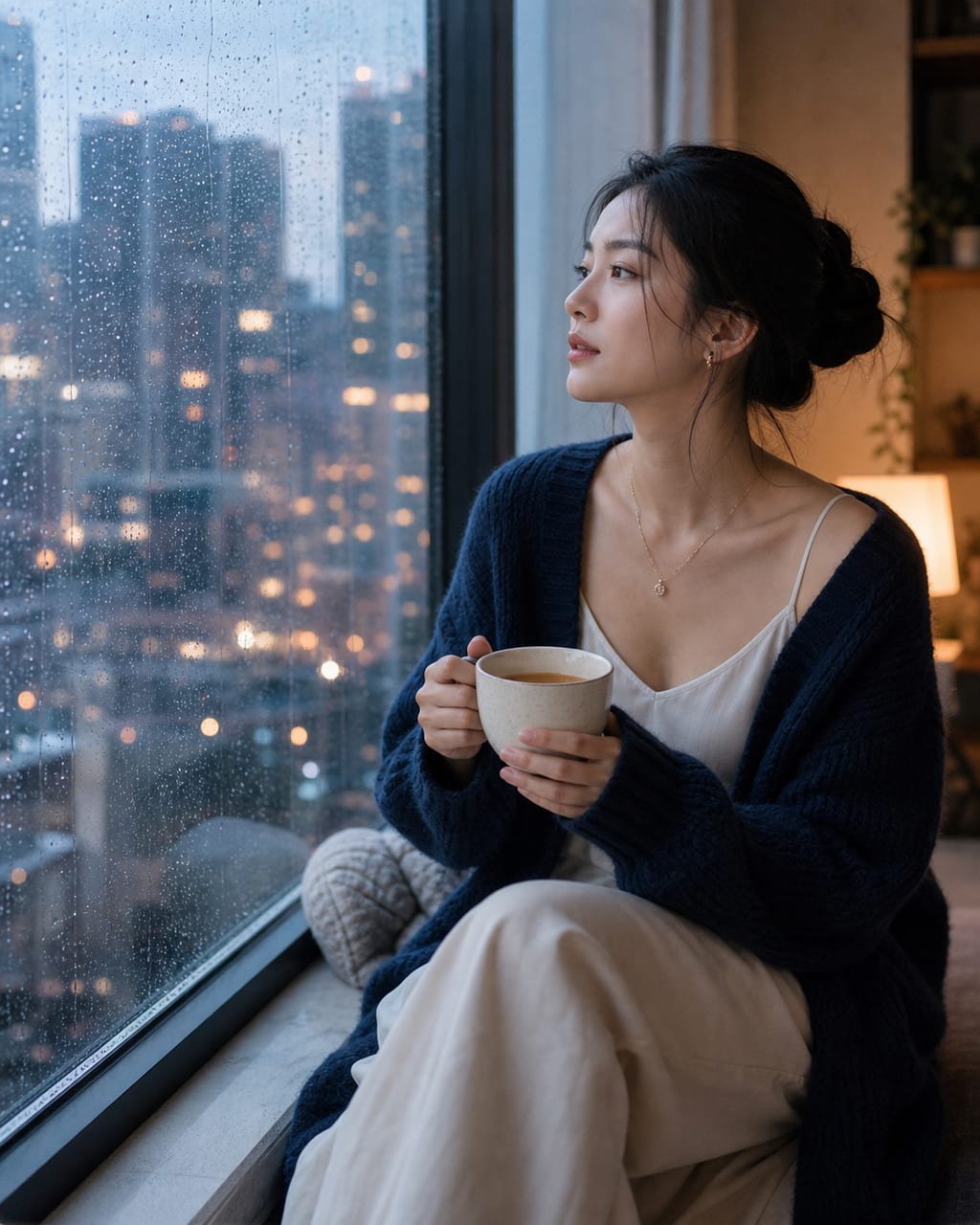 女性雨窗情绪肖像：雨水玻璃、侧脸和低饱和色调，营造安静情绪。