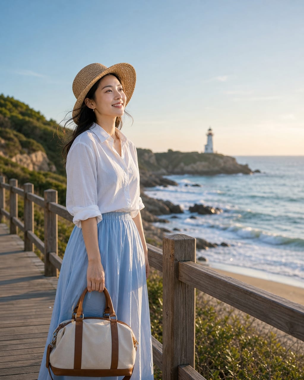 女性海边旅行写真：海风、长裙、自然动态，突出自由和开阔感。