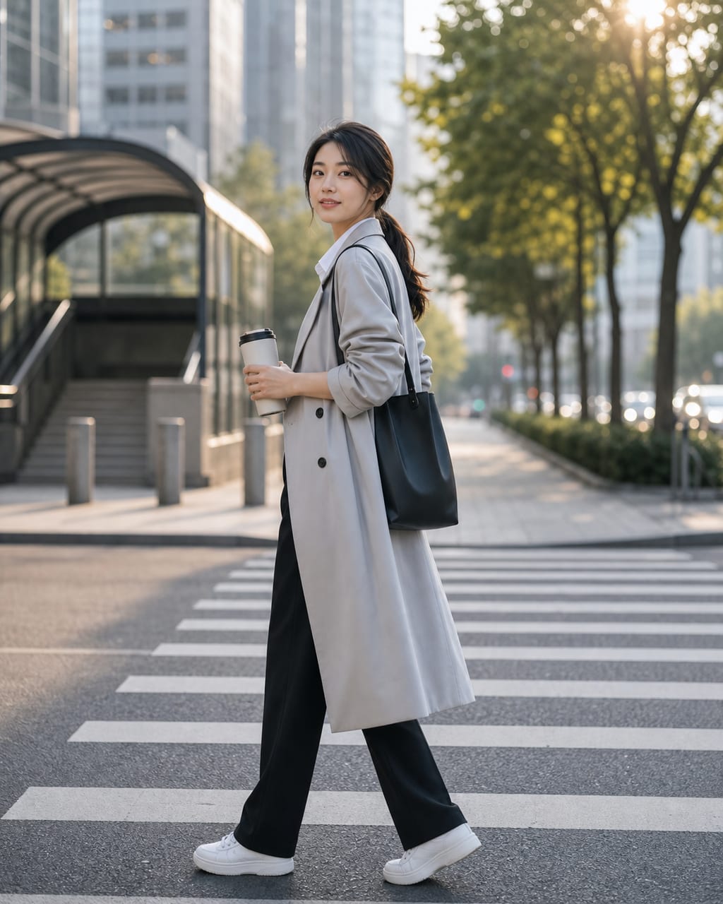 女性城市通勤写真：街道、地铁口或写字楼外景，表达现代都市生活感。