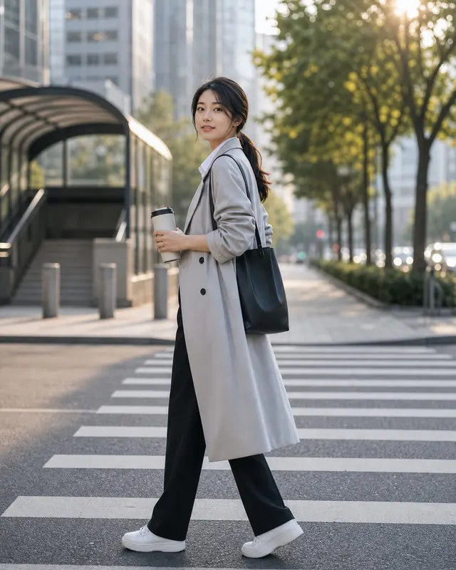 女性城市通勤写真:街道、地铁口或写字楼外景,表达现代都市生活感。
