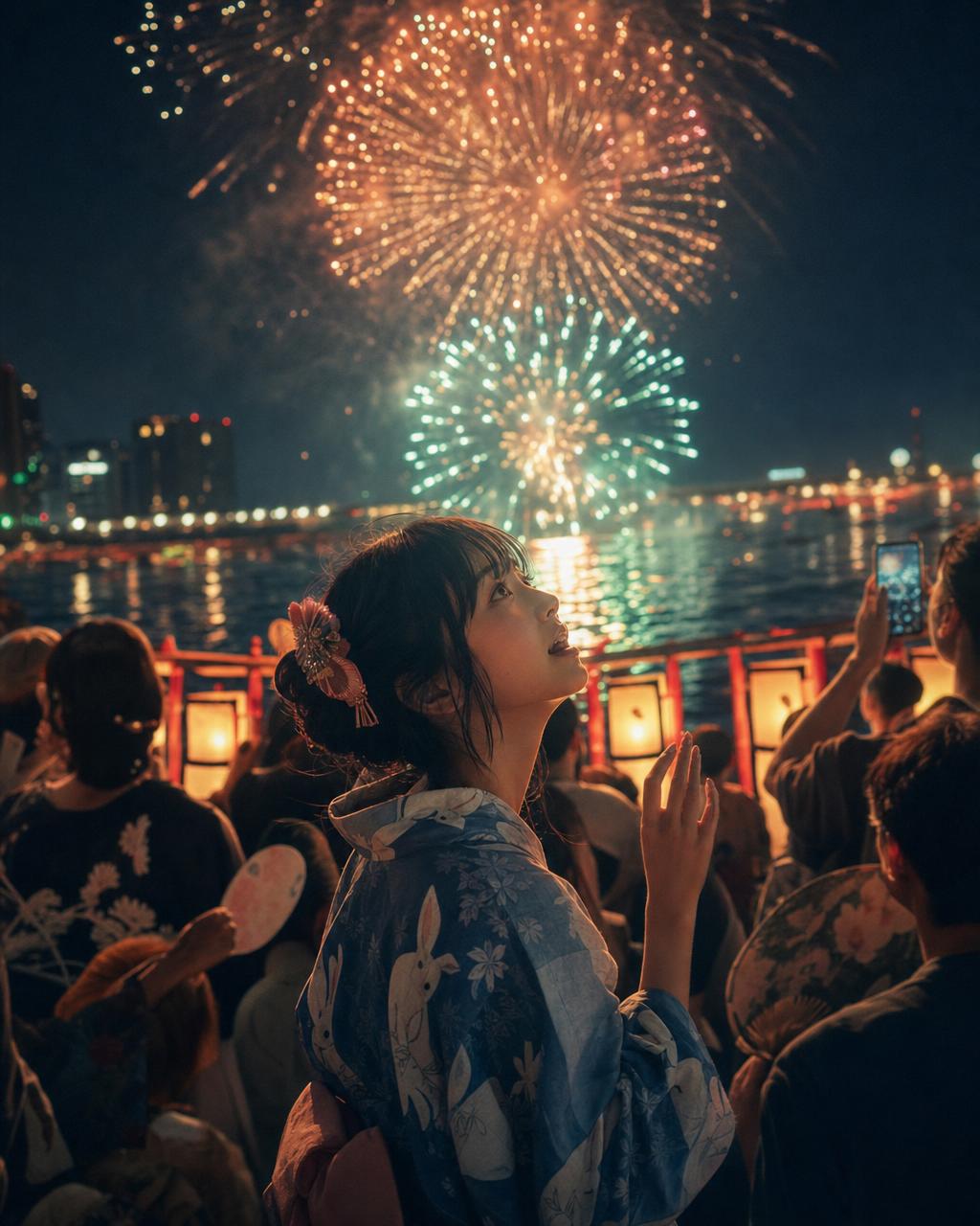 低机位电影感画面，靛蓝浴衣少女仰望河边人群上方的珊瑚薄荷焰火，纸灯暖光。