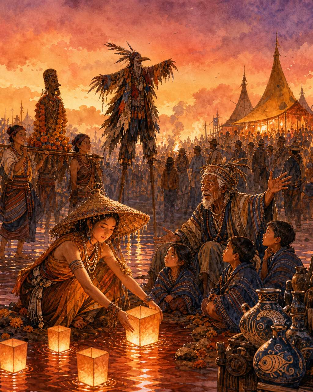 横版双页祭典插画，七位主角置于金色时刻河岸人群中，赭红与靛蓝配色，水彩与线稿混合风格。
