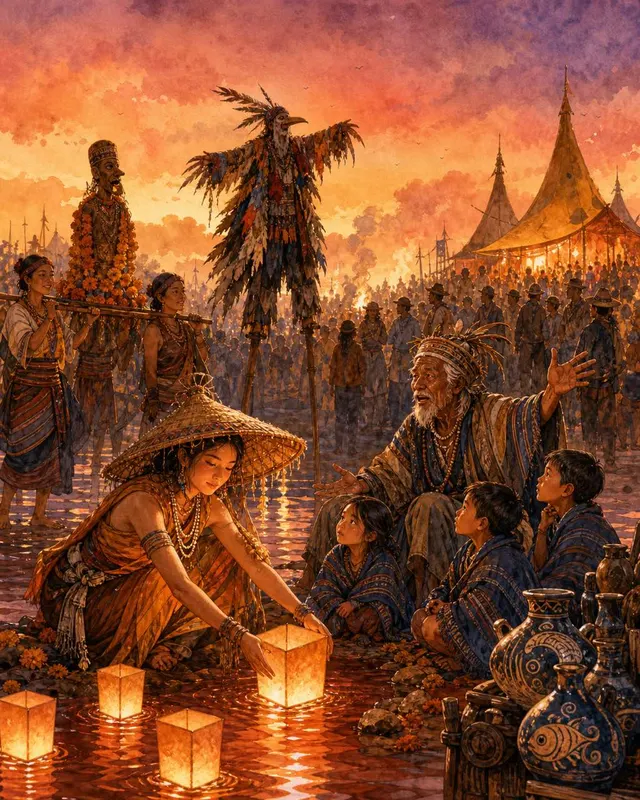 横版双页祭典插画,七位主角置于金色时刻河岸人群中,赭红与靛蓝配色,水彩与线稿混合风格。