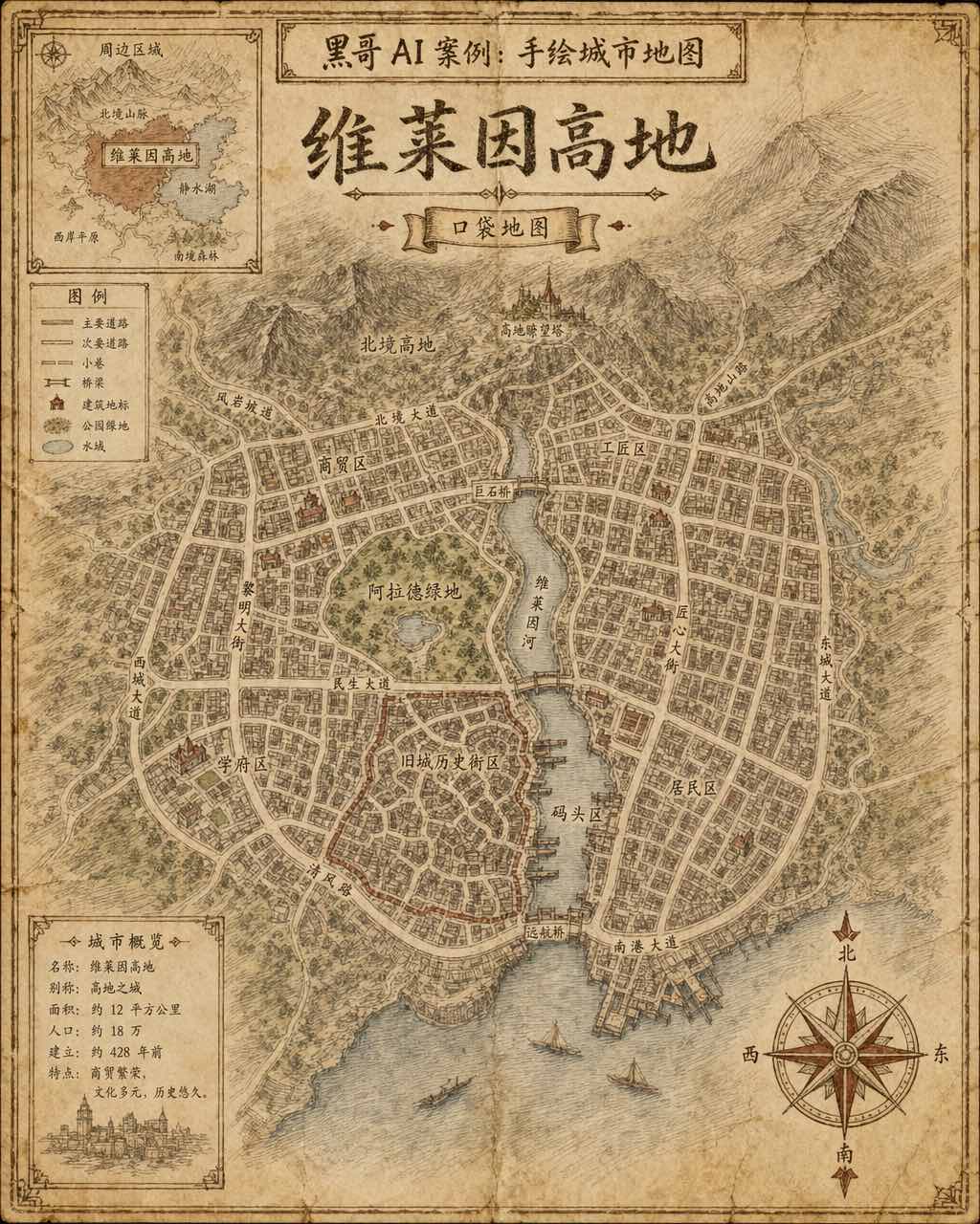 深褐色手绘城市地图，标注街道名称、河流、中央公园与装饰性罗盘玫瑰