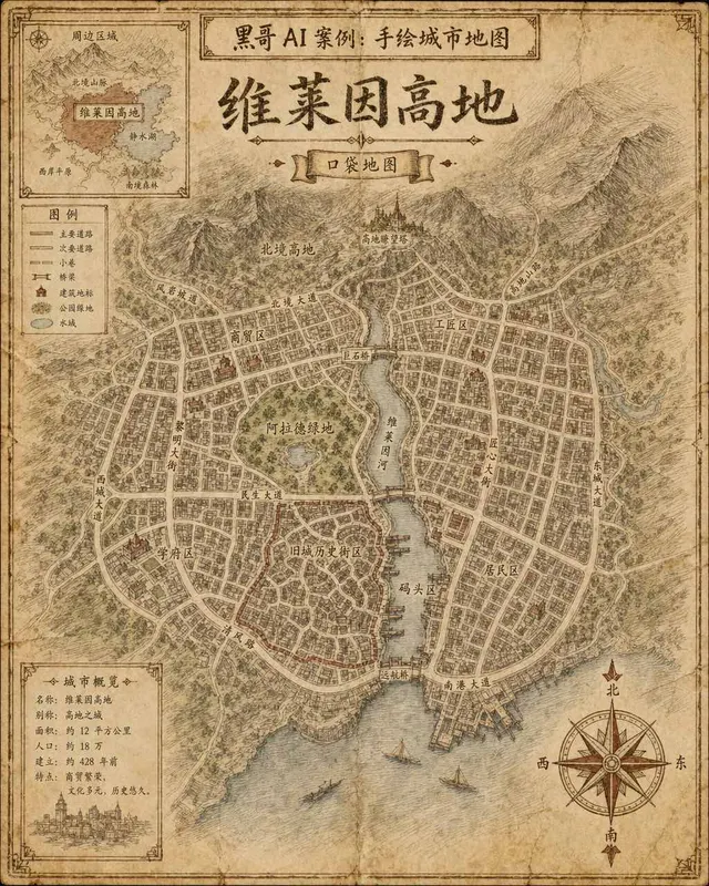 Sepia-toned hand-drawn city map of Verlaine Heights with hand-lettered street names, a river, central park, and decorative compass rose