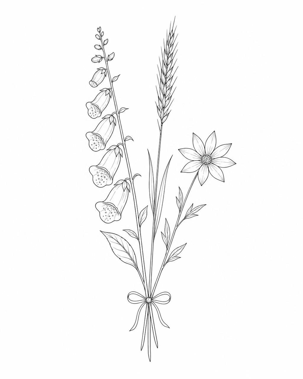 细线植物纹身：毛地黄、麦穗草与雏菊束以丝带，发丝黑墨绘制，孤立白底。