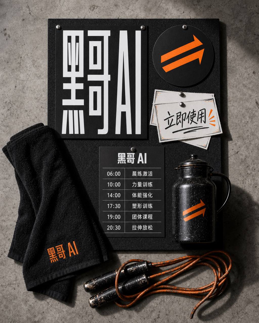 黑色情绪板：PARALLEL 字标、双杠图标、色卡、毛巾、课表与水壶。