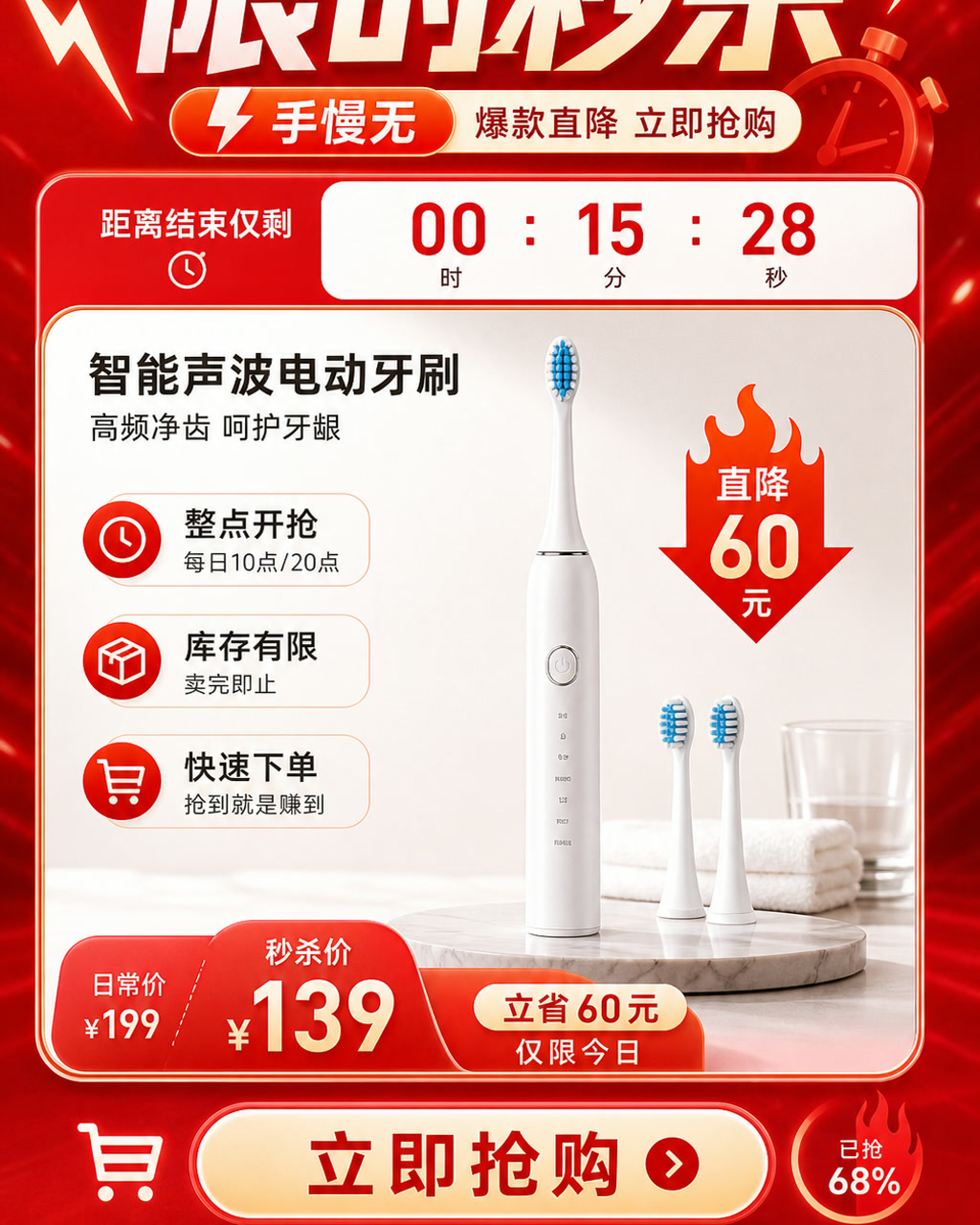 限时秒杀倒计时图，主文案为「限时秒杀」，卖点为「整点开抢、库存有限、快速下单」。
