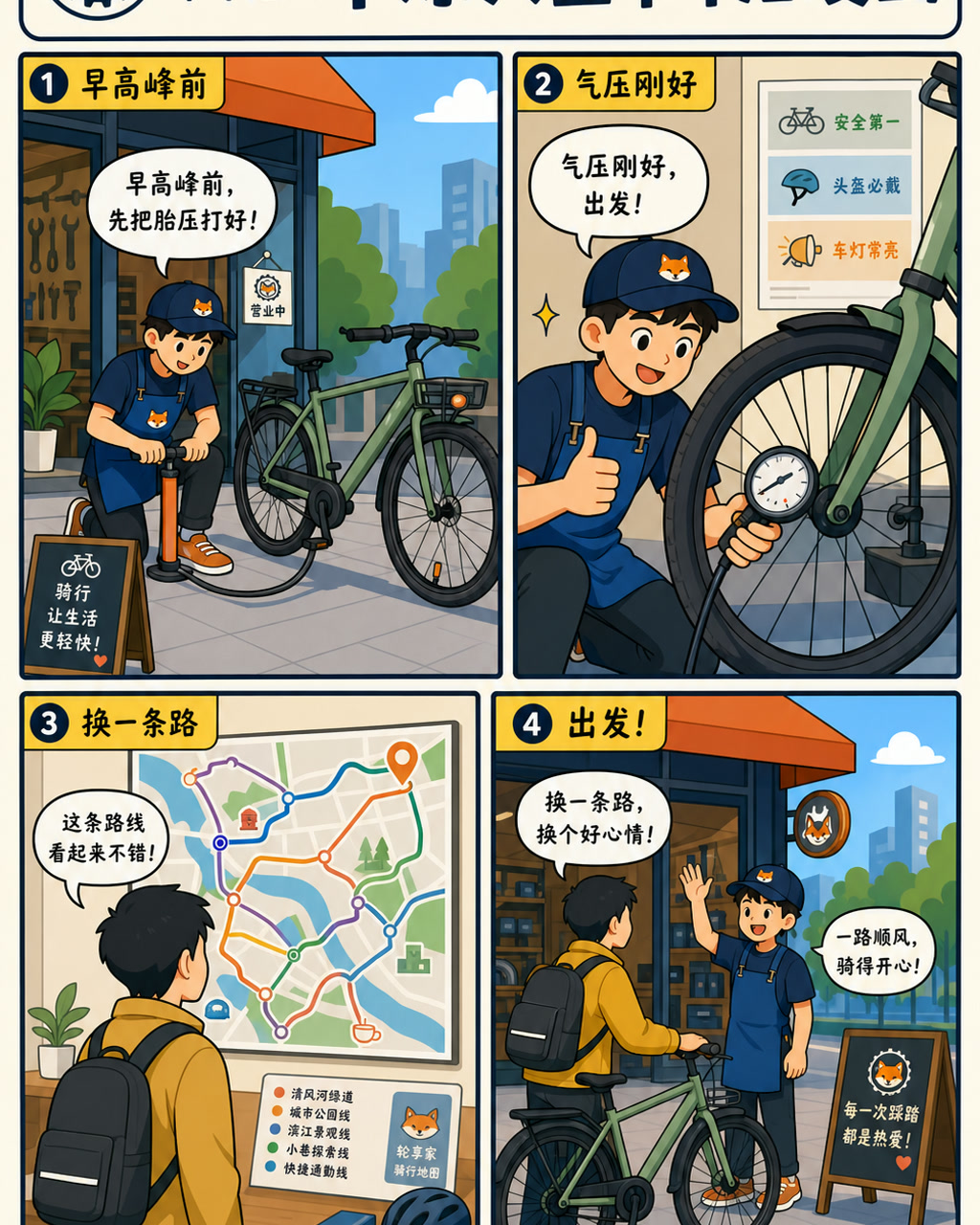 平涂矢量单车店漫画，原创漫画风格样本，包含清晰漫画版式、角色动作和可见中文标题。
